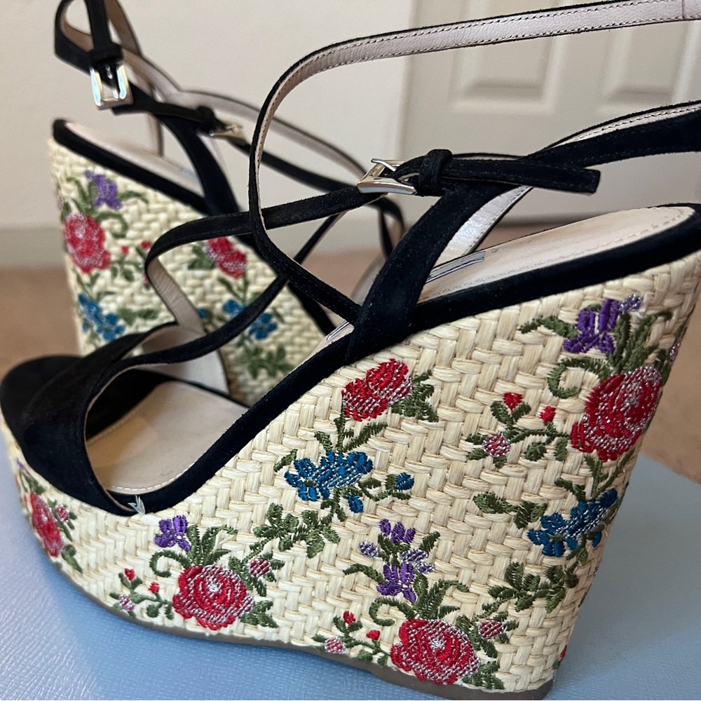 Prada Black and Cream Floral Wedge Heels